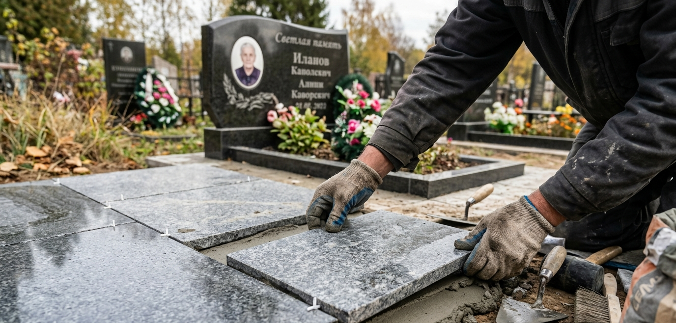 Укладка гранитной плитки на могиле — кладбище Чусового
