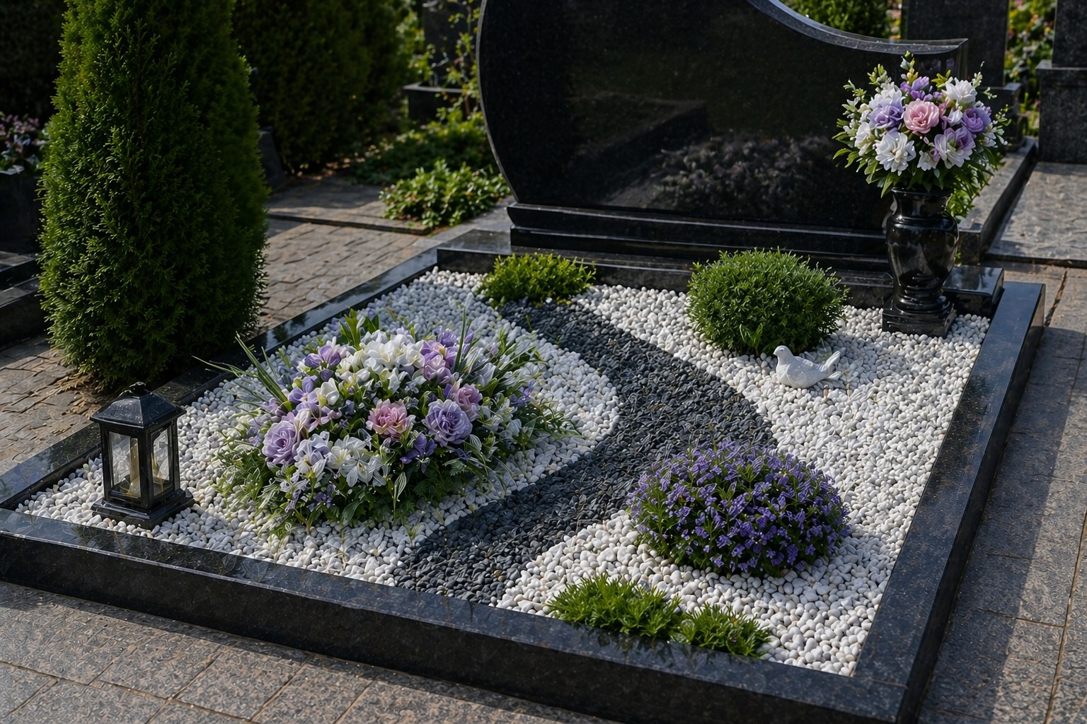 Оформление могилы искусственными цветами и декоративным покрытием на кладбище Лысьвы