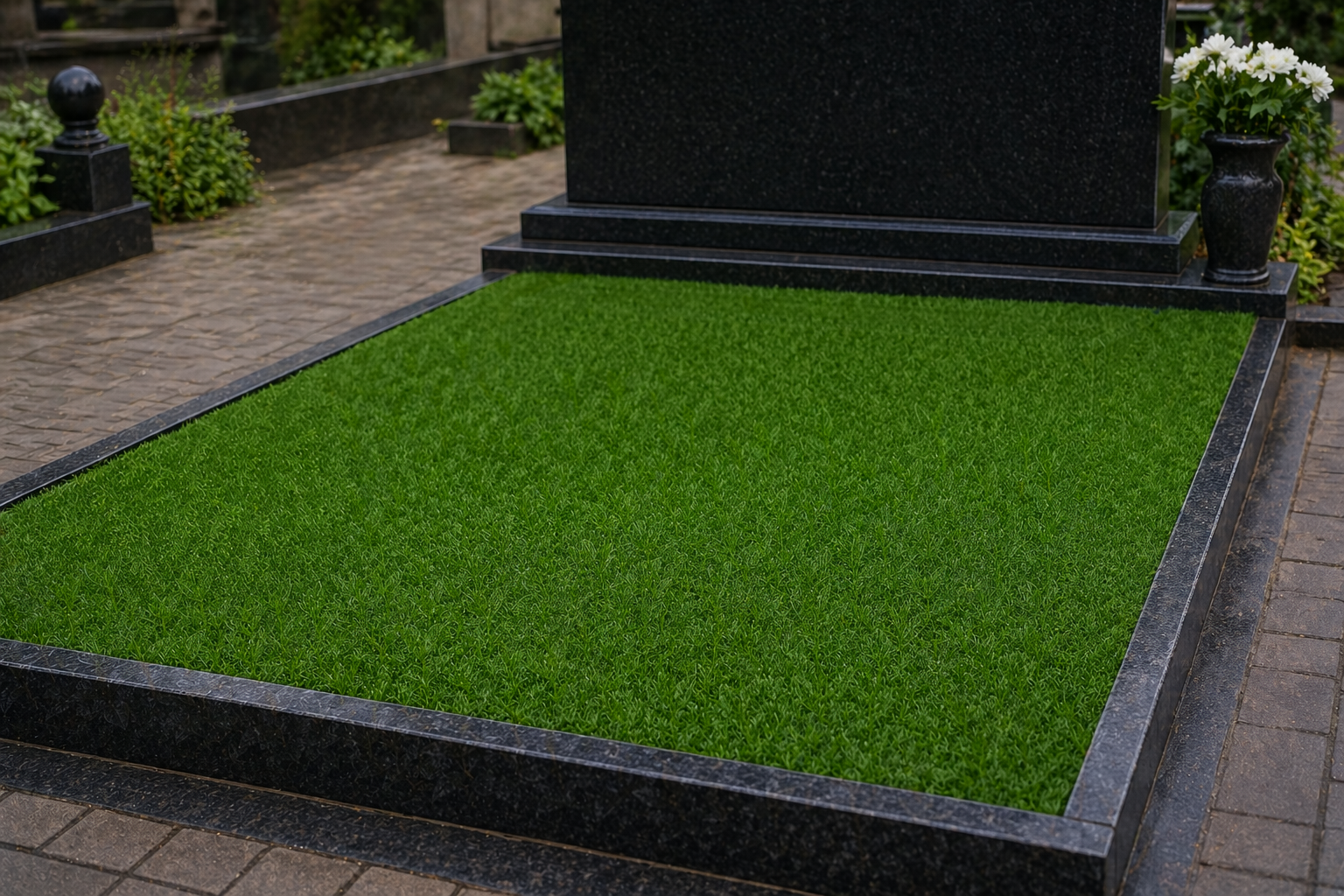 Искусственный газон на могиле — ровное покрытие на геотекстиле, вид после укладки, Лысьва