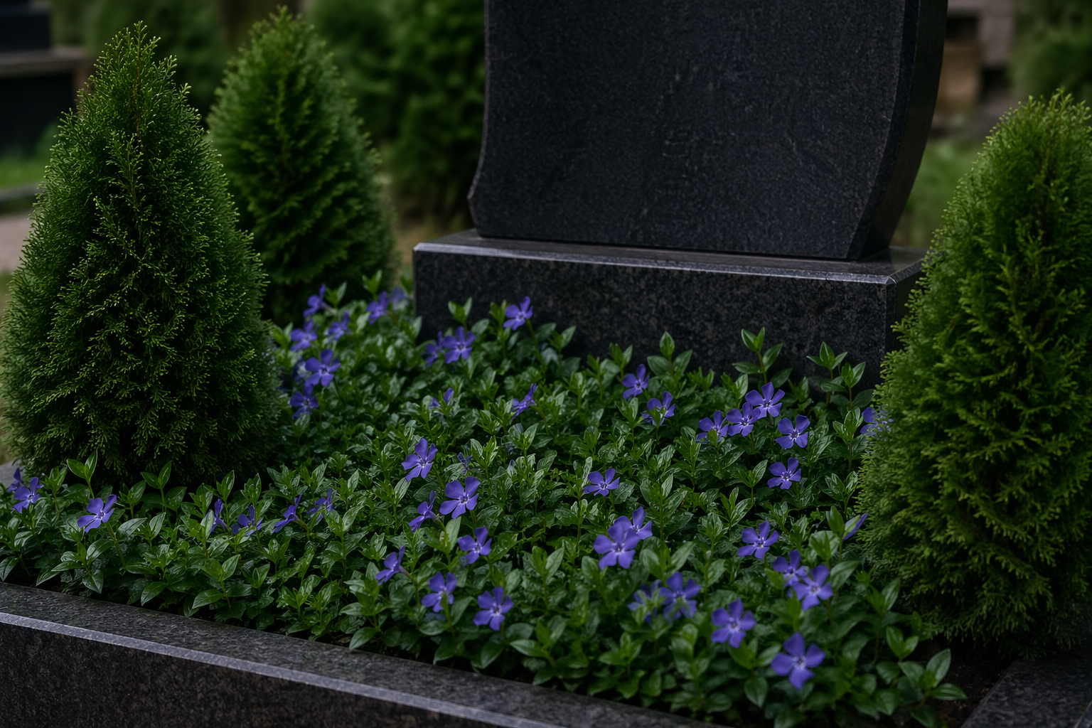 Живые многолетники на могиле на кладбище Лысьвы — барвинок и туя вокруг надгробия