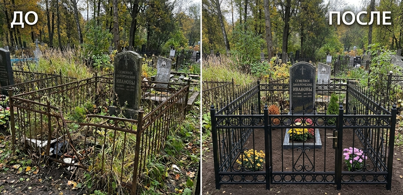 Замена старой ограды на новую на кладбище Чусового — до и после