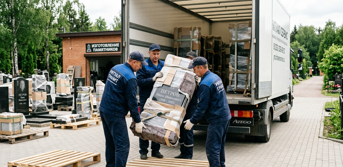 Рабочие аккуратно разгружают ритуальные памятники в машину