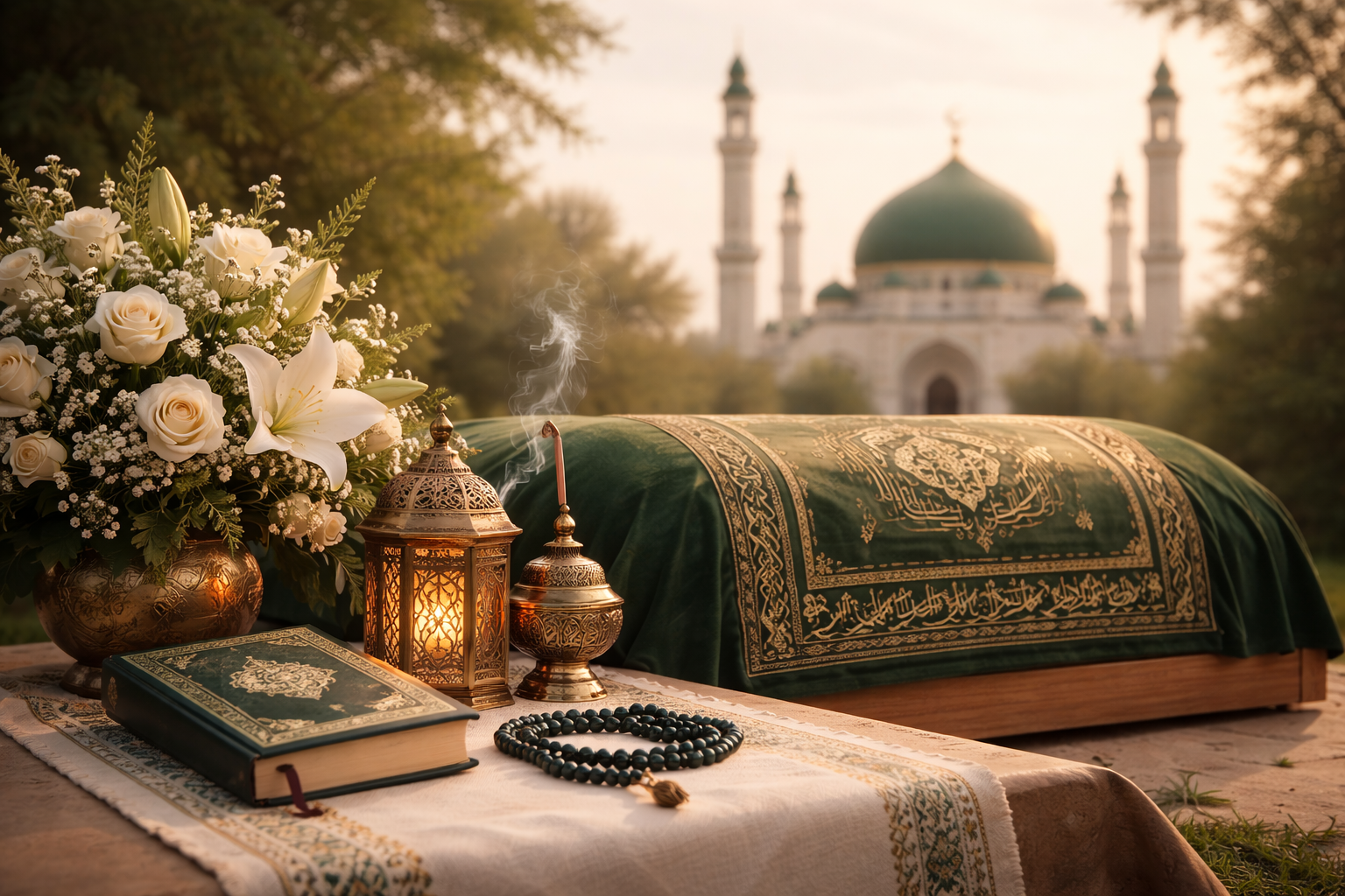 Организация мусульманских похорон в Лысьве: мечеть на фоне, мягкий свет, элементы исламской архитектуры