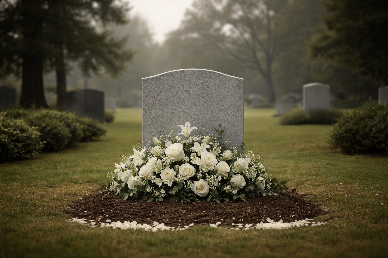 Организация недорогих похорон в Лысьве: скромный памятник с белыми цветами