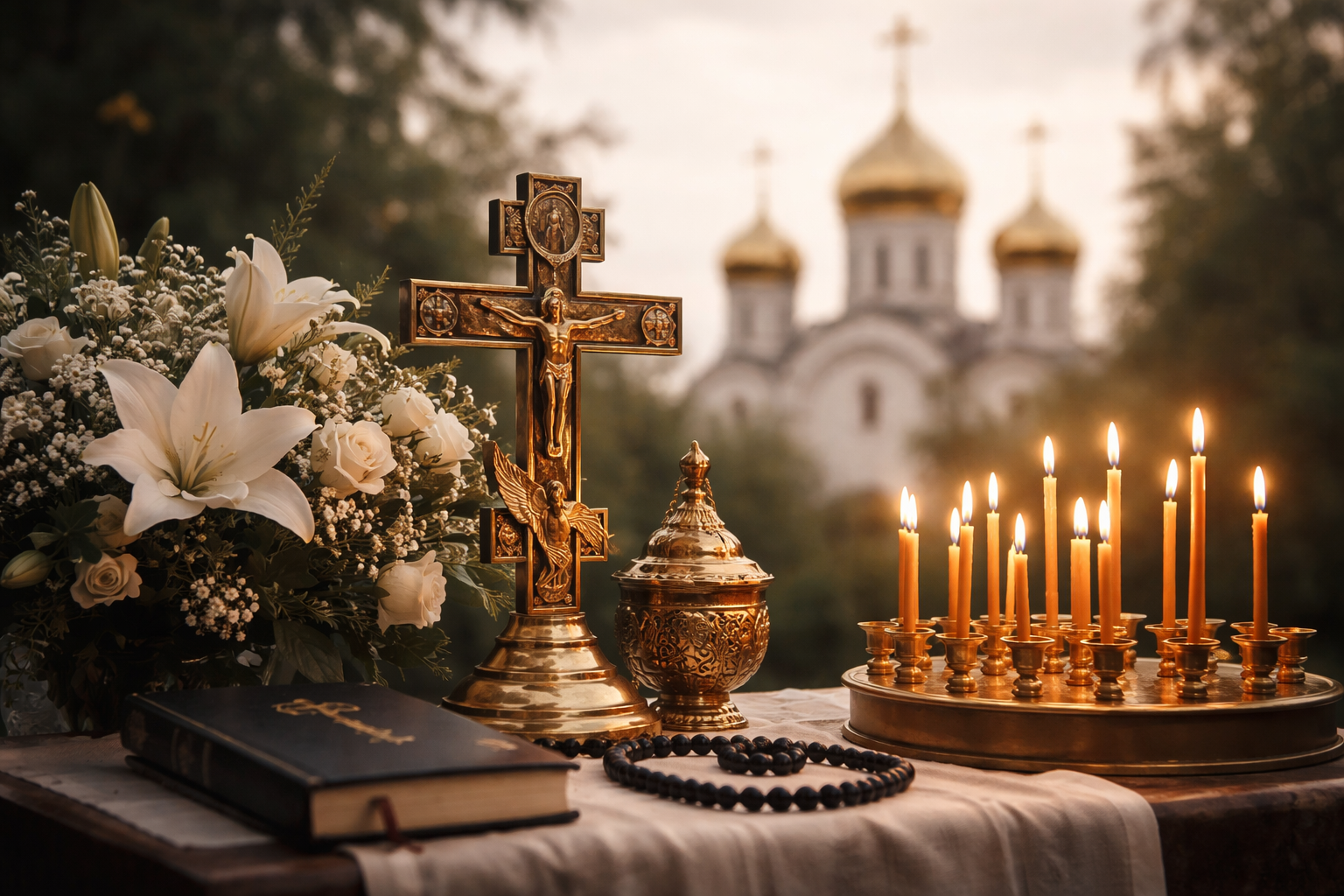 Организация православных похорон в Лысьве: православный храм на фоне, зажжённые свечи, крест, церковная утварь