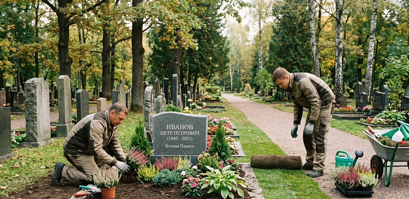 Кладбище: специалисты выполняют озеленение могилы — высаживают декоративные растения, укладывают газон, оформляют цветники, дорожки