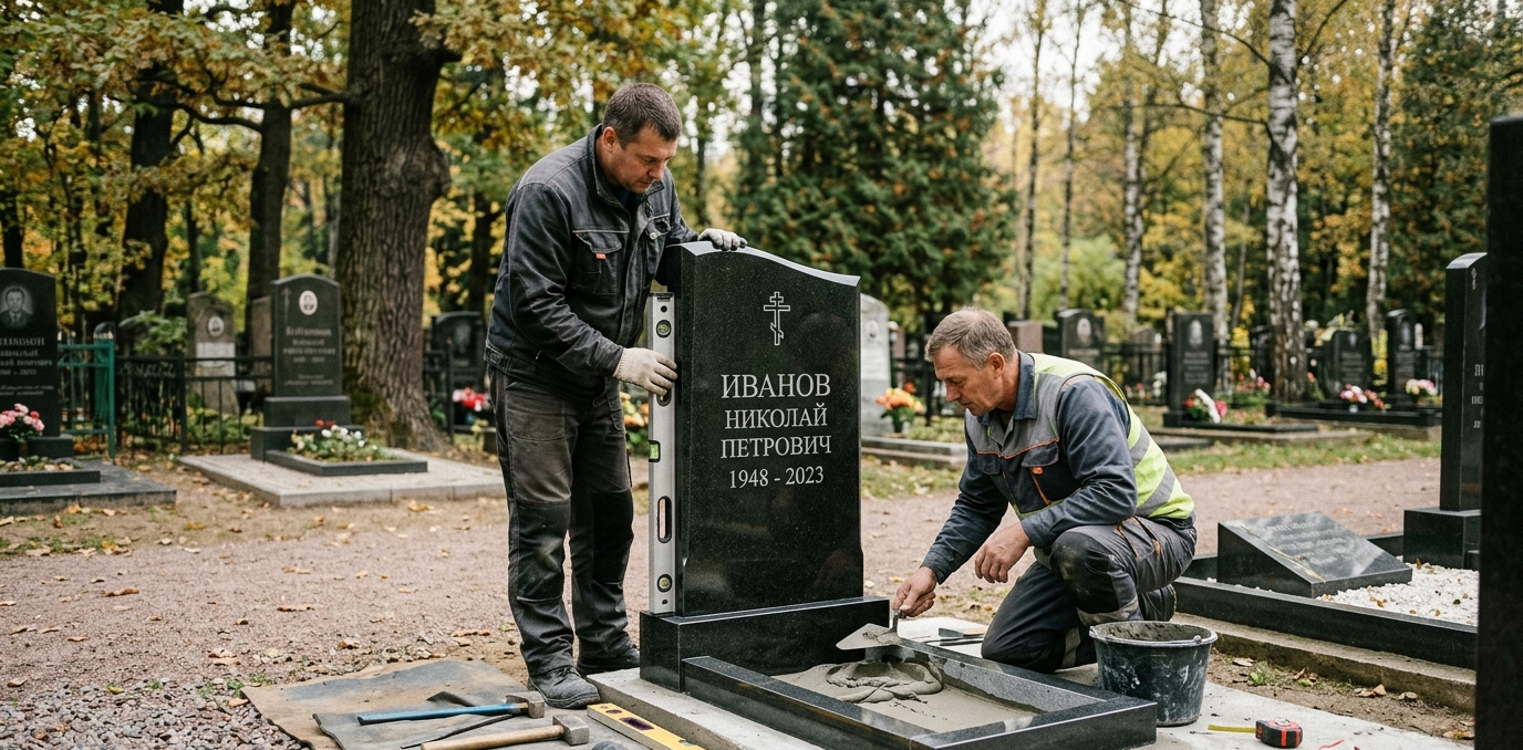Кладбище: специалисты устанавливают памятник из камня на кладбище Лысьвы, аккуратная обработка материала, инструменты